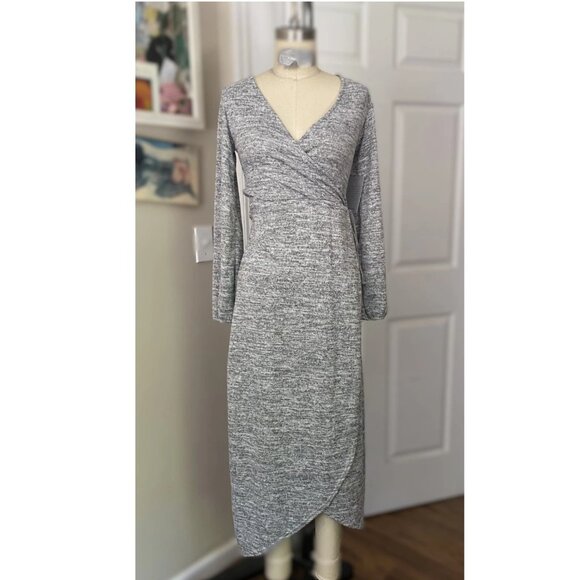 NORDSTROM Heather Gray Long Sleeve belted Mock Wrap midi Dress *X-SMALL* - Picture 1 of 6